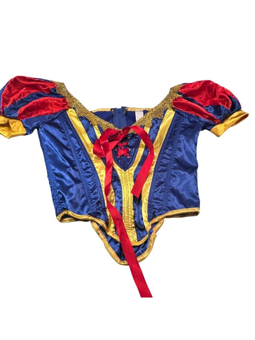 Snow White Princess Costume Corset Women Lace Up Puff Sleeves Zipper Satin